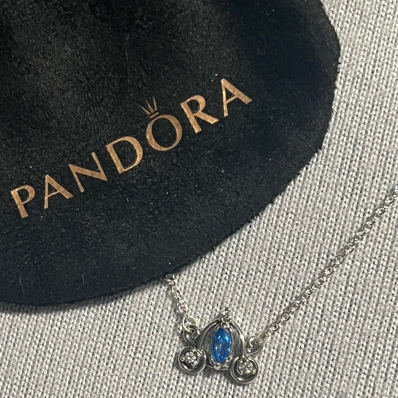 Pandora Silver Necklace with Sparkling Blue Charm Cinderella’s Carriage - Picture 2 of 8
